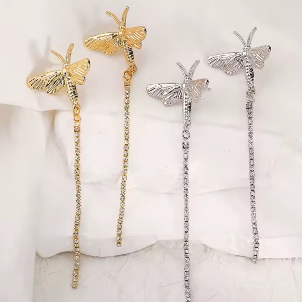Zara Vintage Metal Dragonfly Rhinestone Tassel Dangling Earrings - Picture 6 of 6